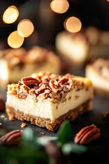 Creamy Cheesecake Slice Topped with Crunchy Pecans and Set Against a Bokeh Background of Warm Lights for a Cozy Dessert Vibe