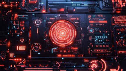 Obraz premium Futuristic digital interface with glowing red elements and circuitry.