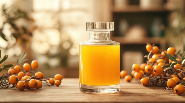 Golden elixir captured on a wooden table, surrounded by vibrant sea buckthorn berries in a sunlit room
