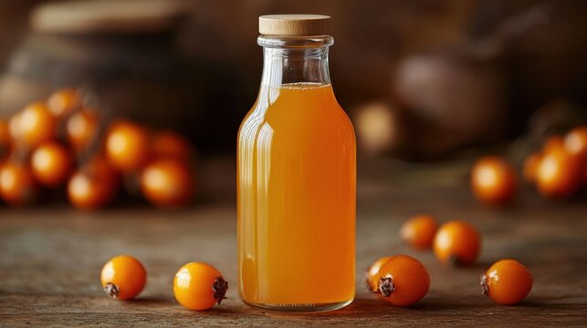 Golden elixir captured in rustic setting with fresh fruits surrounding it, evoking warmth and simplicity of nature's bounty