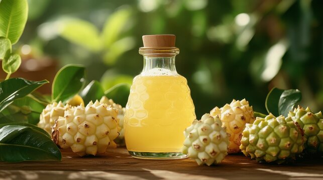 Golden elixir captured amidst tropical foliage showcases the essence of nature's bounty and vibrant flavors