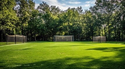 Fototapeta premium soccer field in public park. goals with nets for football matches or practice. sports football pitch