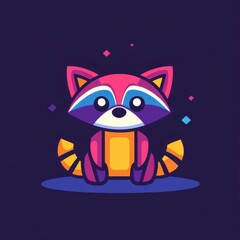Obraz premium Colorful and Playful Cartoon Raccoon Character Sitting on a Dark Background with Sparkling Elements, Perfect for Fun and Whimsical Designs and Illustrations