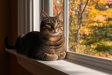 Tabby cat sitting on a windowsill with autumn foliage in the background. Cozy indoor atmosphere