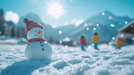 Family enjoying a snowy day with a snowman and sunny mountains