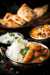 Delicious Indian Cuisine Featuring Freshly Made Naan, Steamed Basmati Rice, and Flavorful Vegetable Curry with a Garnish of Fresh Herbs and Spices