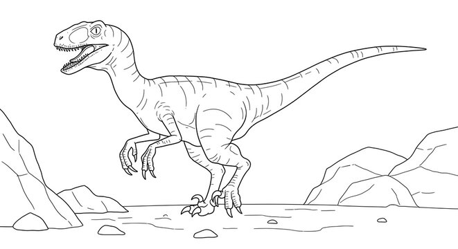 A fierce prehistoric velociraptor dinosaur creature.  Extinct animal illustration. Black and white coloring page.