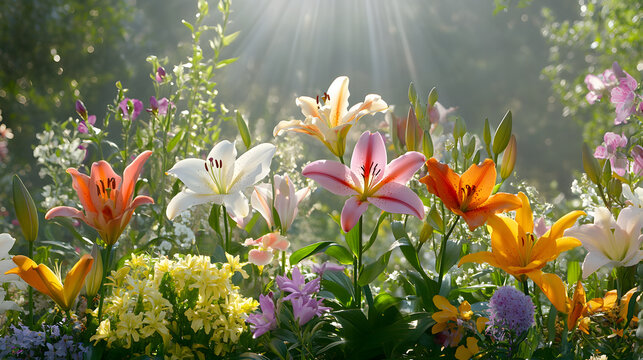 vibrant garden scene with lilies in full bloom, showcasing colorful flowers and sunlight