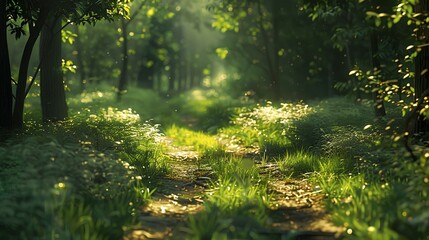 Obraz premium Serene Nature Pathway Through Lush Green Forest with Sunlight Filtering Through Trees and Illuminating Leaves and Grass in a Tranquil Environment
