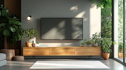 Modern living room with potted plants and wooden furniture in daylight ambiance featuring blank TV screen