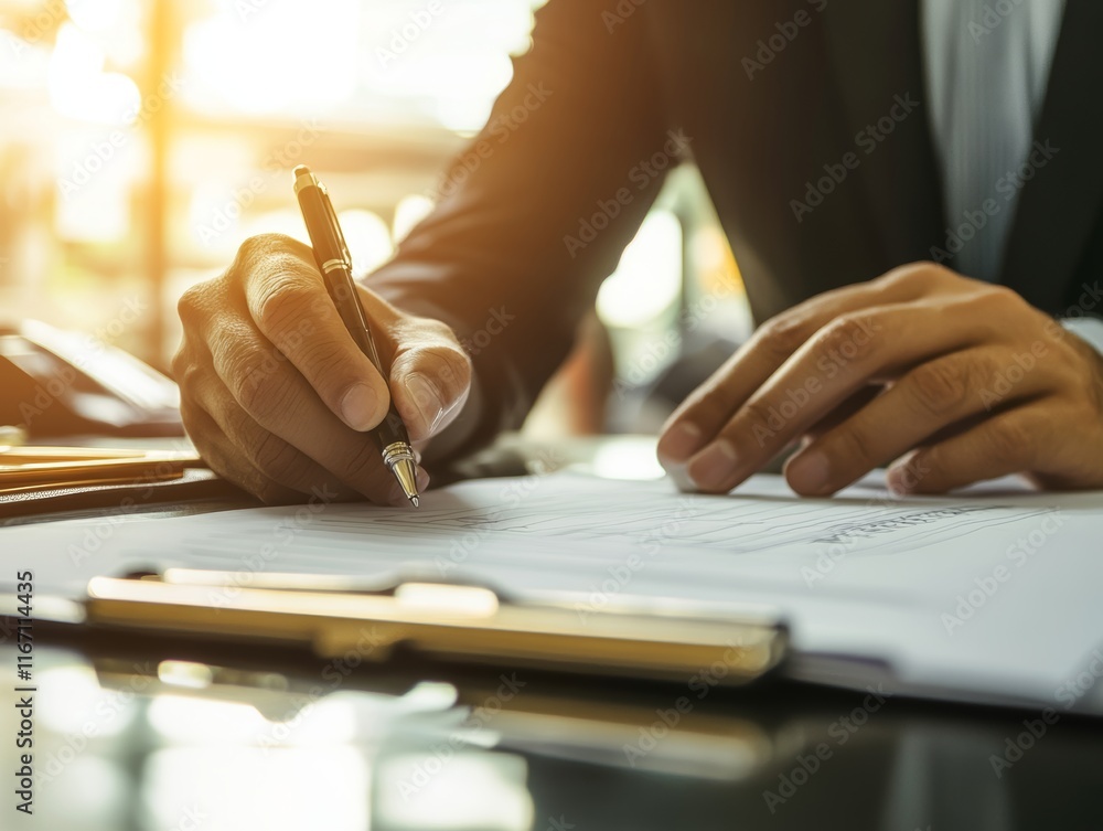Poster businessman checking off quality control checklist with pen for project approval process