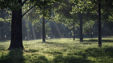 Naklejka premium Serene Forest Scene with Sunlight Filtering Through Lush Green Trees and Gentle Grass Illuminated by Soft Light in a Peaceful Natural Setting