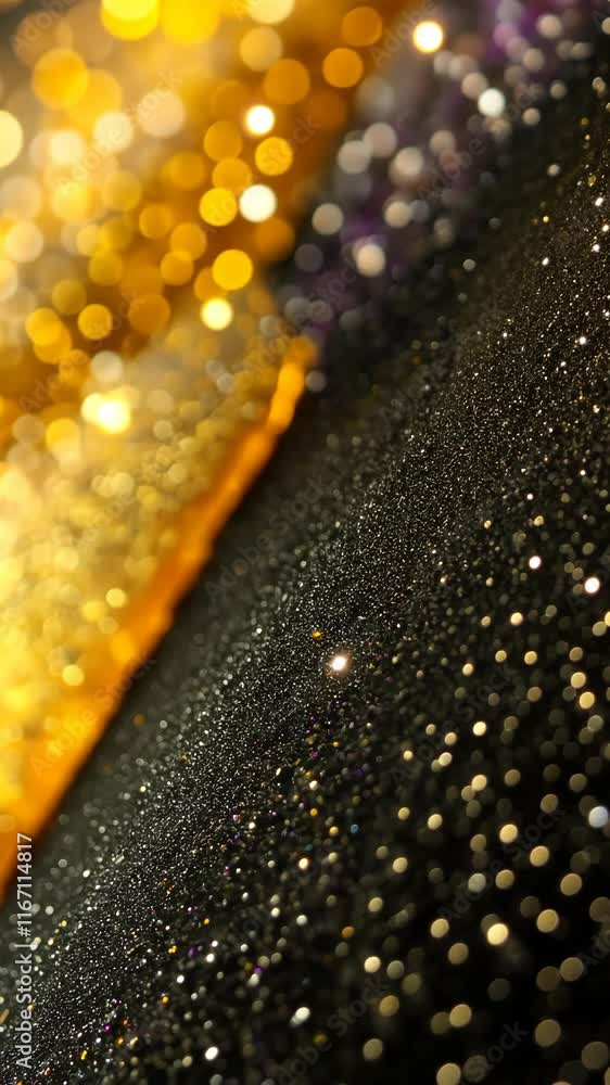Poster sparkling gold and black glitter create a rich texture in a close-up view with a dreamy bokeh effect