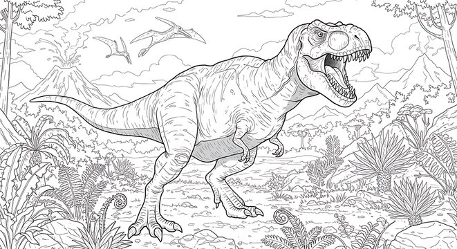 Ancient dinosaur coloring page.  Tyrannosaurus Rex in a prehistoric jungle.
