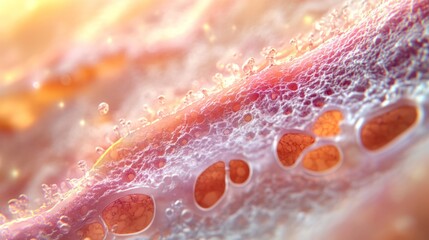 Fototapeta premium Microscopic view of a porous, textured surface with bubbles and warm color tones.