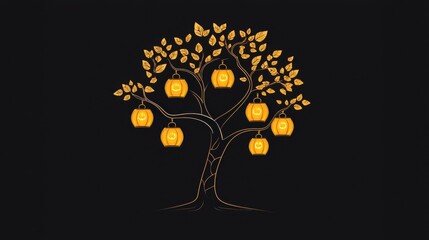 Artistic illustration of a tree with lanterns, symbolizing light and celebration in a serene and elegant design.