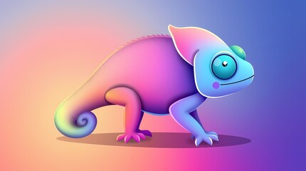 Rainbow Chameleon: A vibrant, iridescent chameleon, its scales shimmering with a rainbow of colors,  stands against a gradient background in a playful and whimsical illustration.