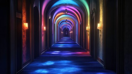 Fototapeta premium The walkway was paved with blue carpet and colorful spotlights in the dark hall.