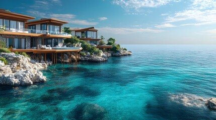 Fototapeta premium Oceanfront houses on stilts with crystal clear turquoise water, rocky shoreline, and wooden pier, featuring Mediterranean style architecture and a calm, sunny seaside atmosphere.