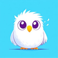 Fototapeta premium Cute cartoon owl illustration with fluffy white feathers and large expressive eyes against a bright blue background, perfect for children's designs and playful themes