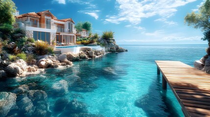 Obraz premium Oceanfront houses on stilts with crystal clear turquoise water, rocky shoreline, and wooden pier, featuring Mediterranean style architecture and a calm, sunny seaside atmosphere.
