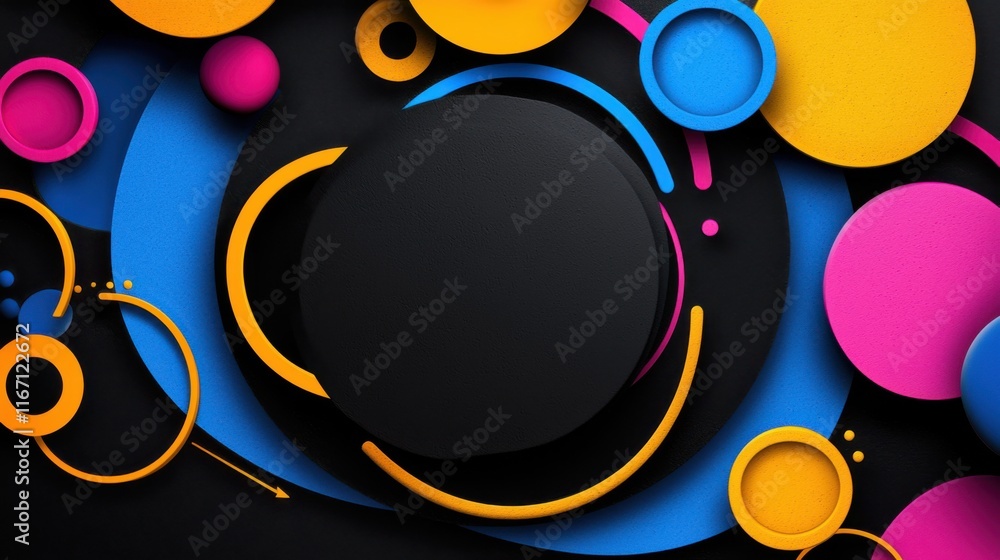 Aufkleber vibrant abstract design featuring colorful circular shapes and dynamic lines against a sleek black b