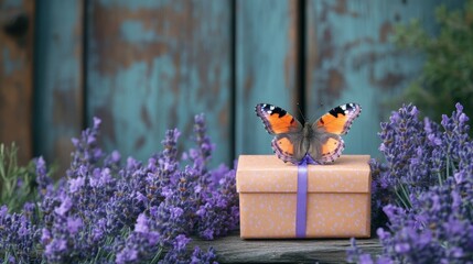 Delicate butterfly resting on a gift box surrounded by vibrant lavender blooms in a serene garden setting