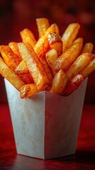 French Fries in Paper Container with Chicken Potato Balls Pita and Vegetables