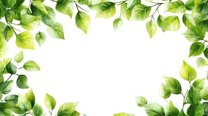 Lush green leaves frame on white background.