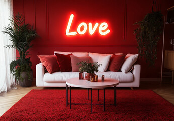modern red room with a white neon sign reading "Love" on the wall, a white sofa and coffee table valentine home
