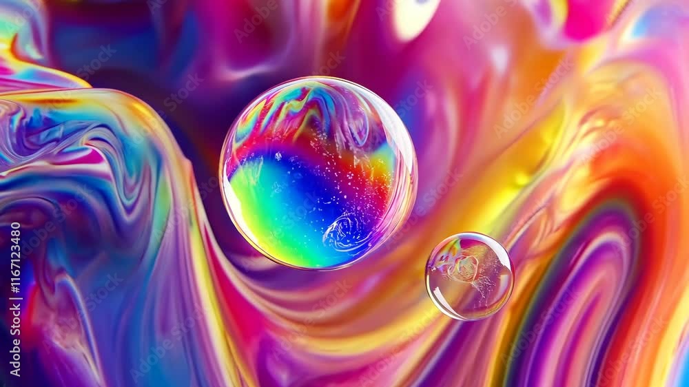 Poster colorful bubbles float in a swirling abstract background of vibrant hues and patterns