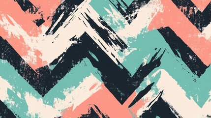 Fototapeta premium Abstract distressed chevron design in bold coral and teal