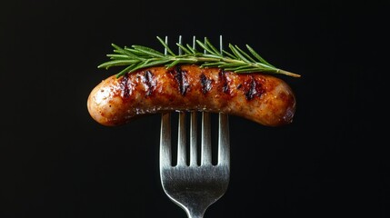 Grilled sausages with rosemary on a fork. 