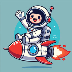 Cute Astronaut Riding Rocket And Waving Hand Cartoon Icon Illustration. Science Technology Icon Concept
