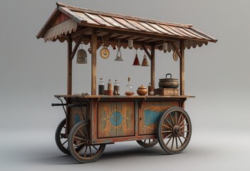 Rustic wooden food cart with decorative details and roof.