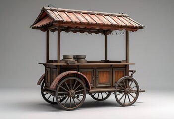 Rustic wooden food cart with decorative details and roof.