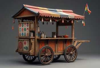 Rustic wooden food cart with decorative details and roof.