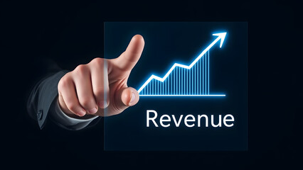 Hand in Suit Pointing at Increasing Revenue Graph on Dark Blue Background