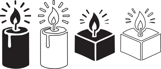 set of black and white burning candles  outline vector illustration