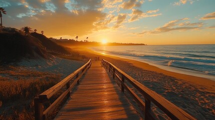 Sunset over sandy beach with wooden walkway leading to the ocean at golden hour in a peaceful coastal setting