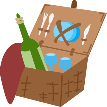 picnic basket with wine and glasses clip art preview