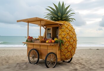 Pineapple-shaped tropical fruit cart on sandy beach.