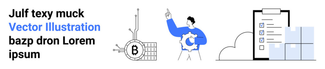 Blockchain system components, person holding gear, and mobile checklist with cloud icon. Ideal for technology, blockchain, mobile applications, process management, data analysis, productivity tools