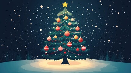 Decorated Christmas tree in snowy night scene.