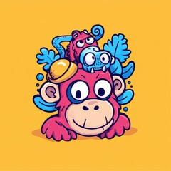 Fototapeta premium Playful Cartoon Monkey with Colorful Characters on Head, Featuring Bright Colors and Fun Design in a Yellow Background for Kids Illustration or Merchandise
