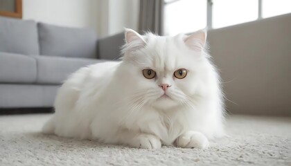a white persian cat, The adorable white Persian cat is in the living room at home. Pet Animal Concept.