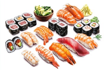 Japanese seafood sushi , roll on a white background 