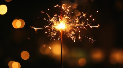 Obraz premium Sparkler illuminates the night sky during a festive celebration with glowing bokeh effect in the background