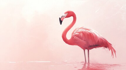 Fototapeta premium Pink flamingo standing in shallow water.