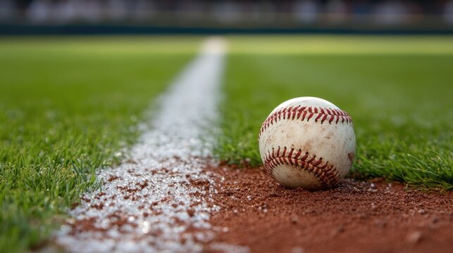 Grass field with a baseball resting near the foul line during an afternoon game at the local baseball park